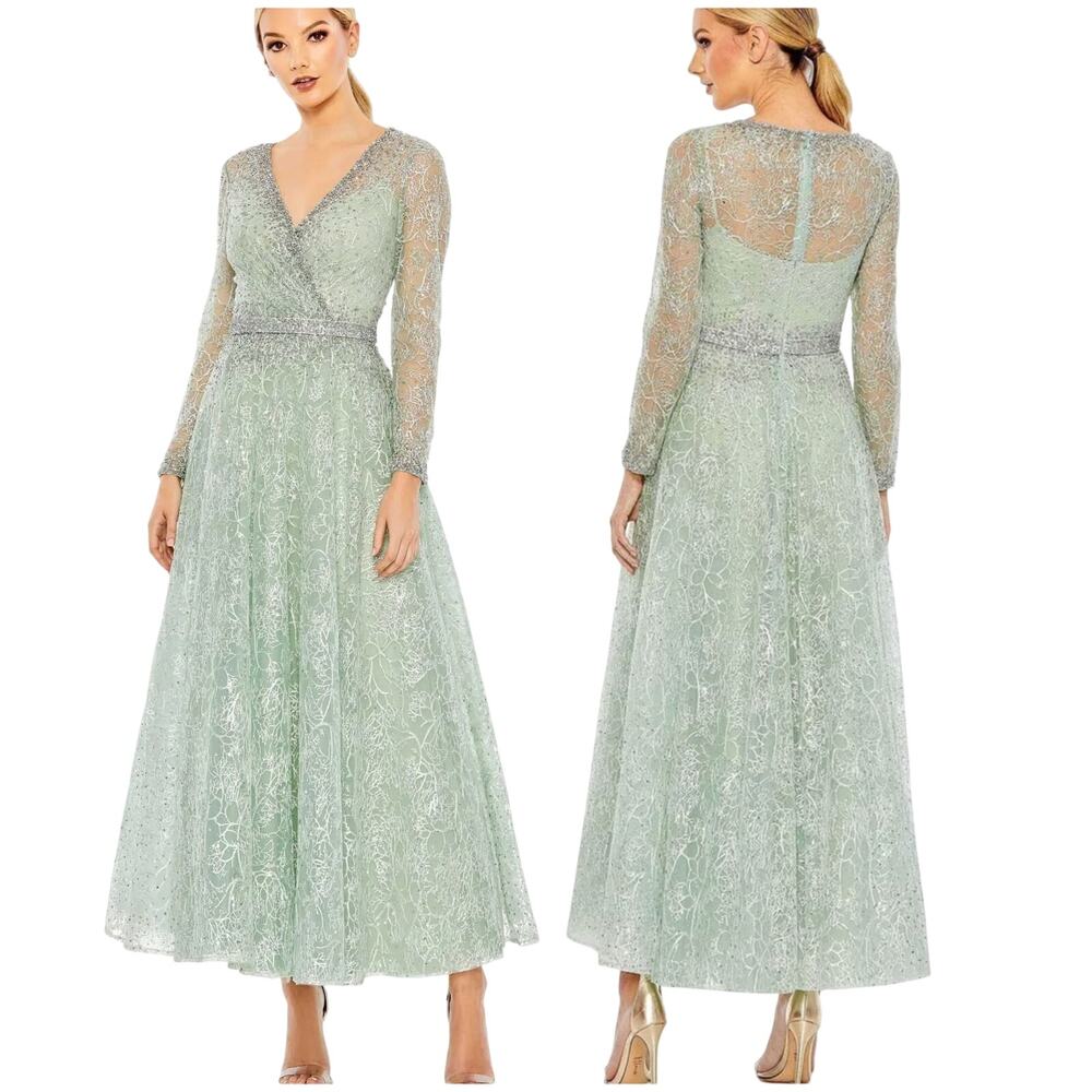 Mac Duggal NWT Embellished Long Sleeve Midi Tea Length Dress Sage Green Size 4
